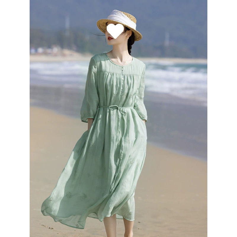 Высококачественное элегантное водорастворимое платье с вышивкой из рами, элегантное повседневное платье большого размера, легкая роскошная женская длинная юбка в национальном стиле в литературном стиле