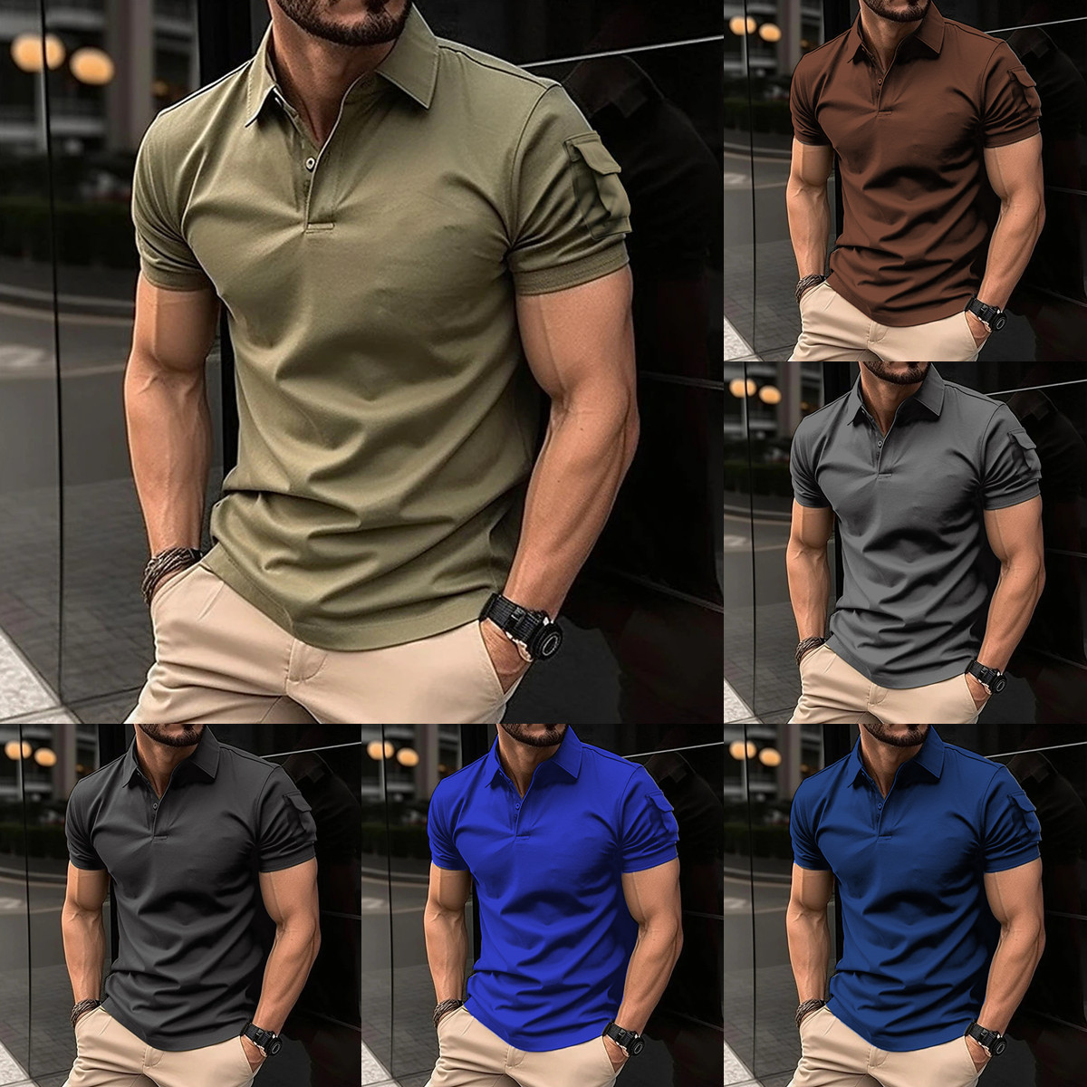 Polo da uomo monocromo a maniche corte con tasca sulla manica_voghion.com