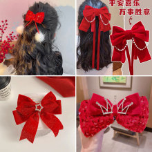 新年发饰红色蝴蝶结发夹女公主头皇冠发卡丝绒后脑勺盘发夹子批发