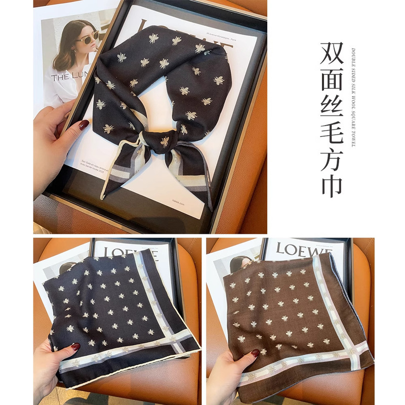 桑蚕丝羊毛65丝毛混纺双面D字母方巾女春夏季高档送妈妈礼物丝巾|undefined
