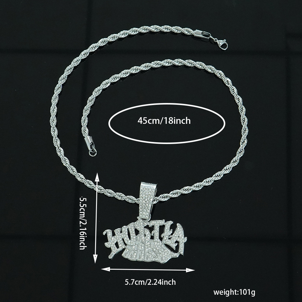 2025 nueva aleación con letras de diamantes completos Hustla colgante para hombres y mujeres moda hip-hop joyería con collar de giro de 5mm