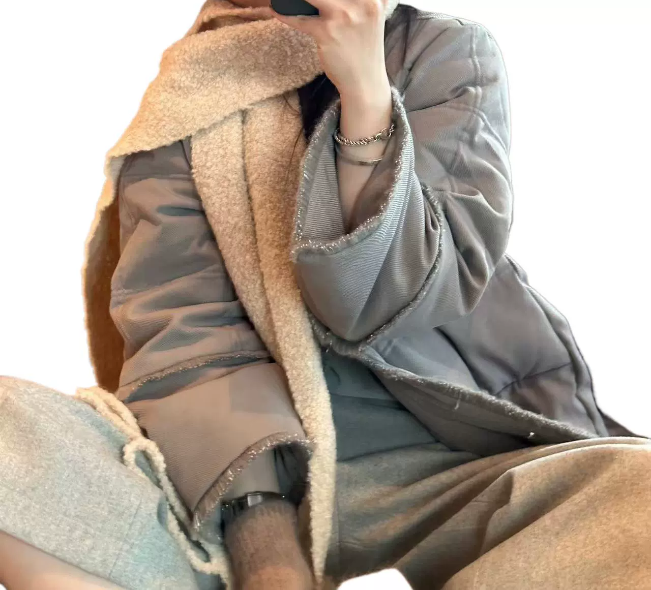 Velvet beige khaki down jacket, duck down, Chanel style