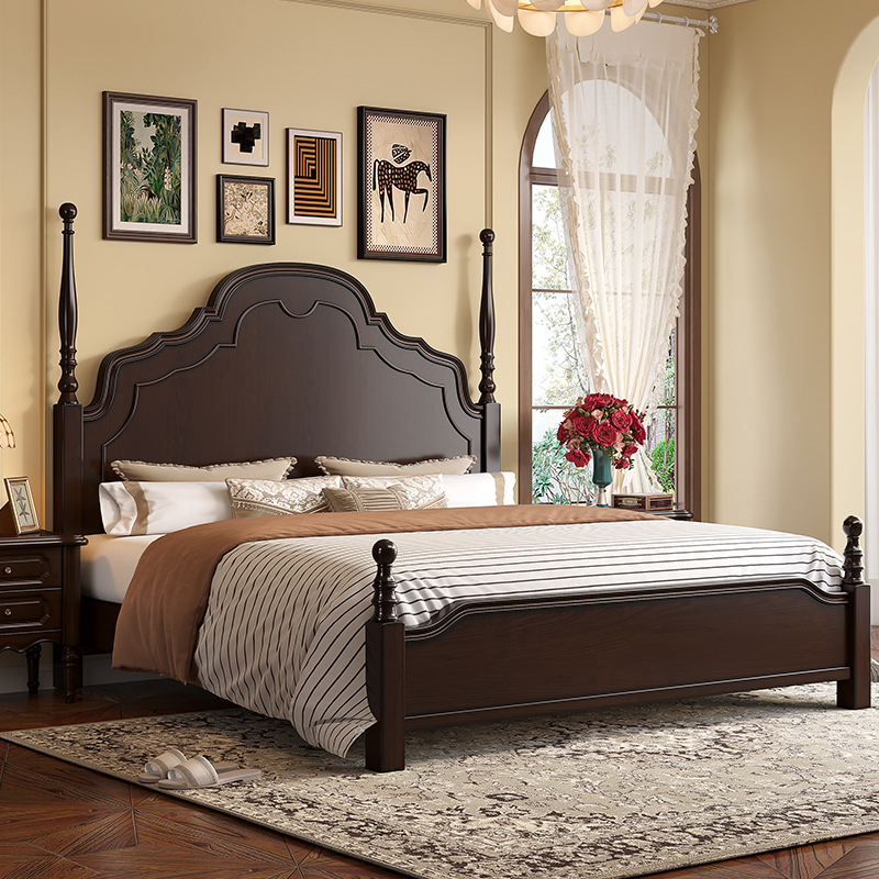 American-Style Solid Wood Double Bed 1.8m Master Bedroom French Mid-Century Simple Modern Cherry Wood Wedding Bed Retro Home Use