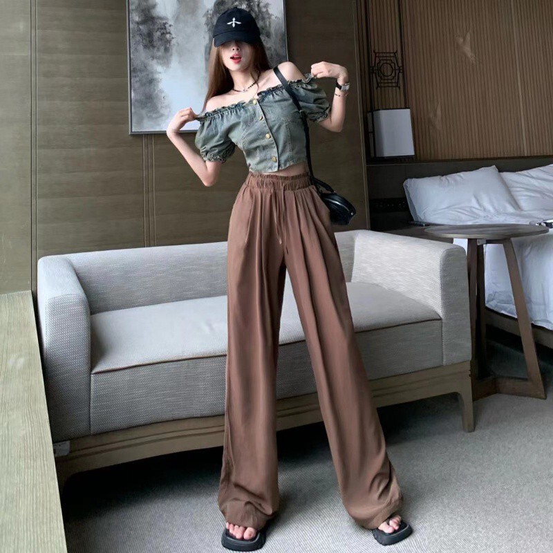 French Retro Denim Short Shoulder Shirt + High Waist Slimming Cold Draped Casual Pants Set French Retro Denim Short Shoulder Shirt + High Waist Slimming Cold Draped Casual Pants Set