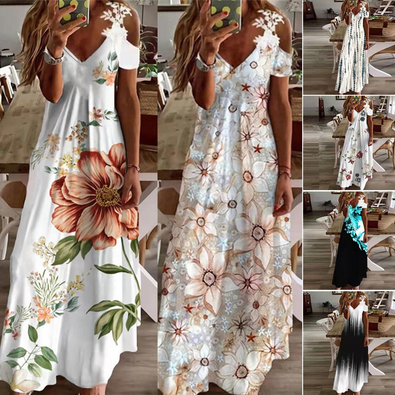 2023 European and American Cross-border Amazon Women's Summer New Lace Sling V-neck Fashion Printed Loose Dress