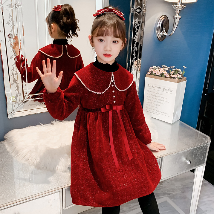 【金丝绒】2023连衣裙可爱洋气中大童冬季儿童公主裙小女孩红色裙