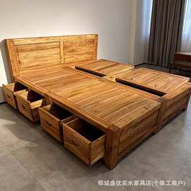 新中式老榆木床卧室落地实木榻榻米储物床地台箱体床可拼接双人床