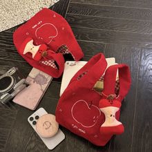 秋冬新款红色灯芯绒苹果手提包轻便通勤百搭手挽包可爱小手拎包女