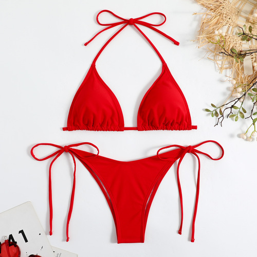 Nylon plain split suspender women's sexy triangle bikini AliExpress Amazon new multi-color swimsuit