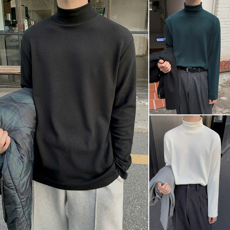 MYQ 하프 하이 칼라 베이스 셔츠 남성용 가을과 겨울 느슨한 따뜻한 미드 칼라 가을 옷 한국식 긴팔 티셔츠 단색