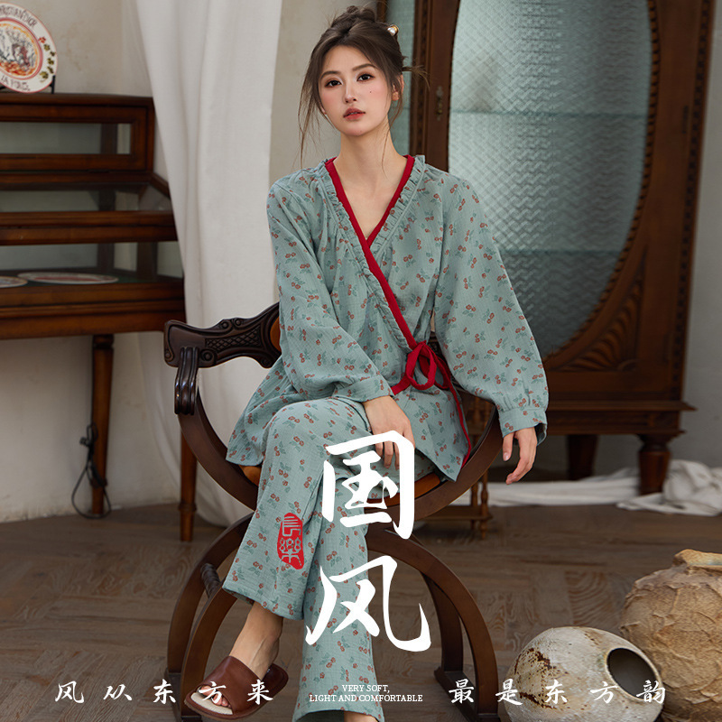Pure Cotton Double Gauze Kimono Pajamas Women's Spring and Autumn Thin Vintage Printed Slant Long Sleeve Trousers Home Clothes
