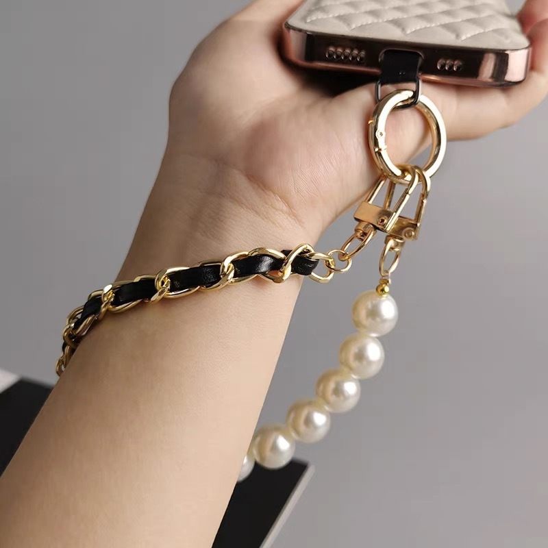 Alta calidad, pequeña fragancia, perla, cadena portátil, bolsa de cuero de metal, colgante, colgante, camioneta, muñeca, funda para teléfono móvil, cordón