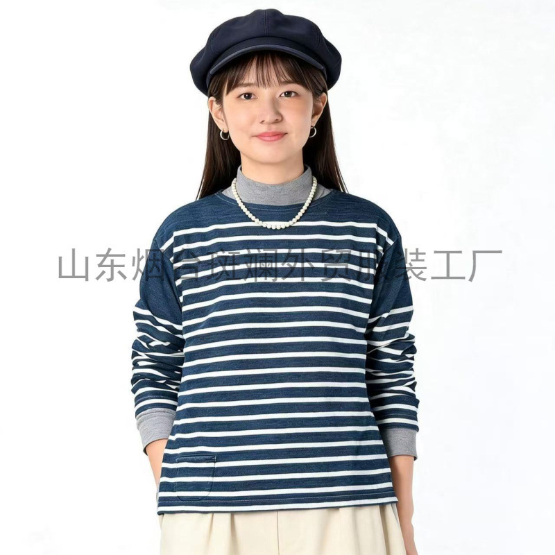 Directly Supplied from the Original Factory, Foreign Trade Clothing, Indigo 45R, Hem Slit, Basque Stripe T-Shirt, Unisex Couple Style Long-Sleeve Directly Supplied from the Original Factory, Foreign Trade Clothing, Indigo 45R, Hem Slit, Basque Stripe T-Shirt, Unisex Couple Style Long-Sleeve