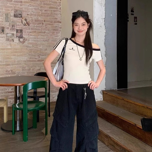 Pure Desire Sexy Sloping Shoulder Print Short Sleeve T-Shirt for Women Summer Fitting Slimming Hot Girl Short-Sleeve Top for Women