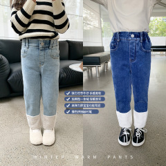 艾摩貝貝女童複合奧粒一體絨彈力竹節撞色拼接加絨修身牛仔褲冬款