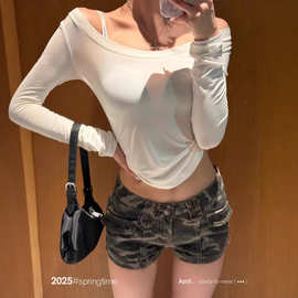 SUNONEONE 2025迷彩牛仔短裤女夏季低腰直筒修身裤子短裤女夏辣妹