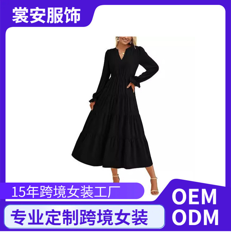 2024 Independent Station Autumn Long Dress Long Sleeve V-Neck Layered Ruffle Elegant A-Line Cocktail Party 2024 Independent Station Autumn Long Dress Long Sleeve V-Neck Layered Ruffle Elegant A-Line Cocktail Party