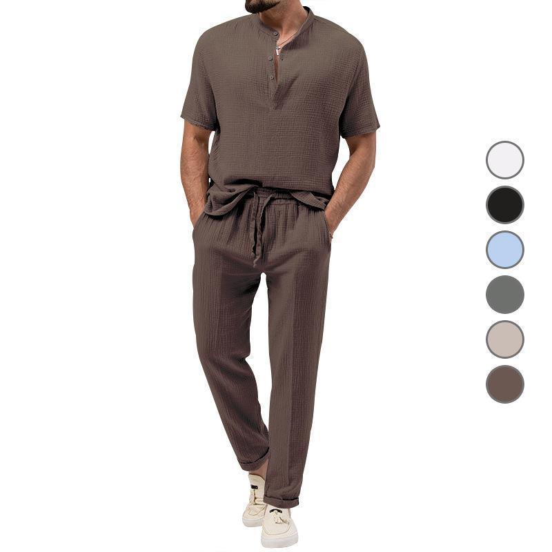 Men's Casual 3-Piece Outfit, Short Sleeve T-Shirt & Shirt With Trousers, Solid Color Summer Lounge Set_viptrois.com