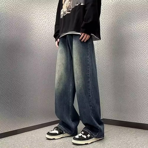 Men's Spring and Autumn Washed Straight Leg Jeans, American Loose Wide Leg Casual Retro Streetwear Brand with Drape Floor-Length Pants