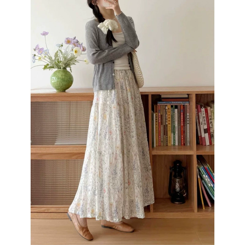 2025 новая летняя мода хлопок и лен маленький цветочный хлопок и лен А-силуэт средней длины асимметричная юбка-тортик подчеркивает стройность