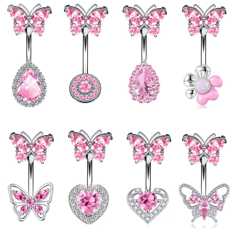 Piercing de nombril en acier inoxydable papillon et zircon rose_voghion.com