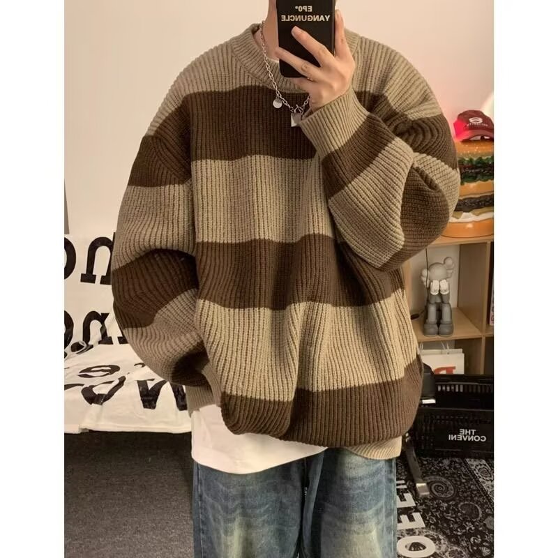 Suéter de cuello redondo a rayas para hombres otoño y invierno grueso calentamiento suelto ropa de base americana retro color contrastante camisa de punto de moda