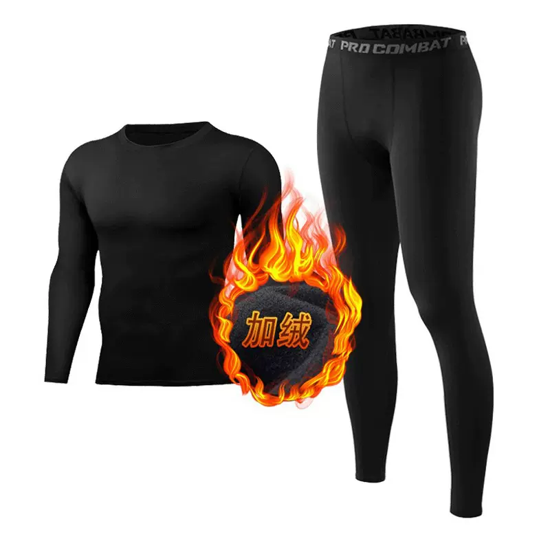 健身服男秋冬季加绒紧身衣跑步训练健身房加绒紧身长裤运动套装