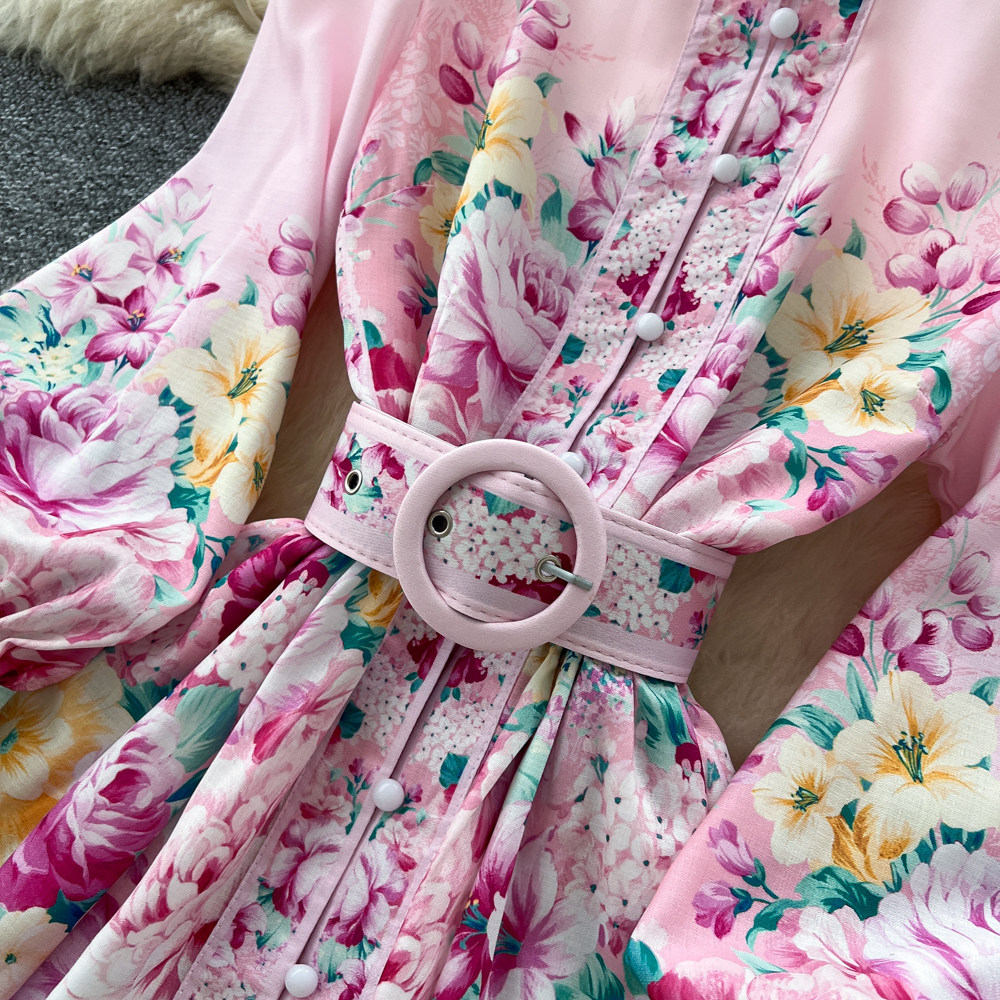 Elegant Stand Collar Lantern Sleeve Printed Dress for Women Autumn Youthful And Flattering a Line Skirt with a Belt_ecoleips.com