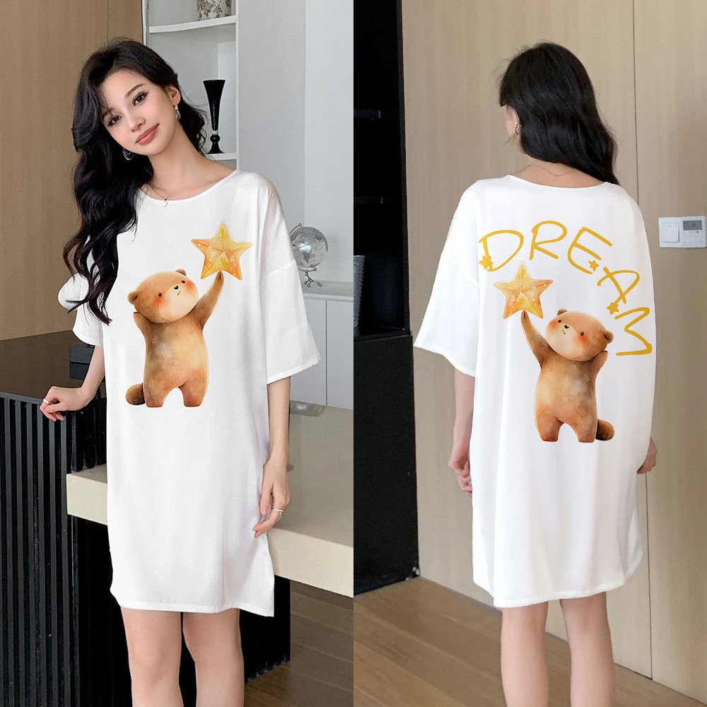 Yaoting pijama de mujer encantador viento impresión digital satén chiffón collar redondo pijama de manga corta SQ2273