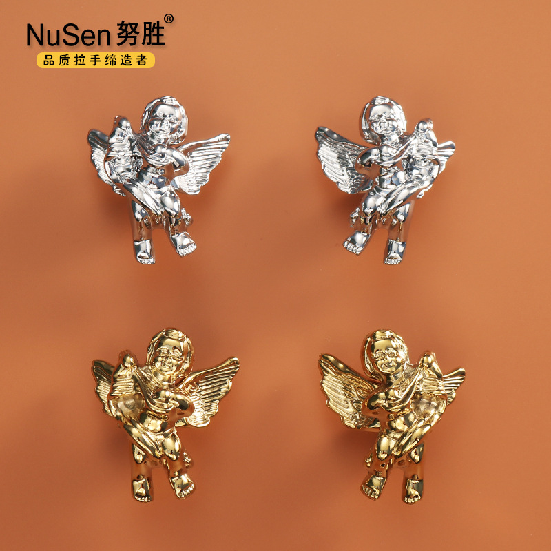 努勝天使純銅拉手衣櫃裝飾創意個性鍍鉻銀色金色抽屜單孔櫥櫃把手