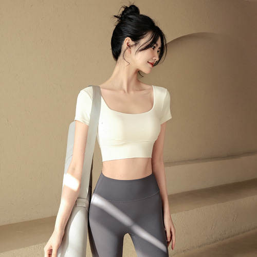 Yoga clothing women's summer sports top with chest pads, running short-sleeved T-shirt, high-end Pilates training fitness wear