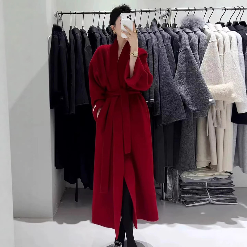 High-End Red Mid-Length Bathrobe-Style Double-Sided Wool Coat for Women, New Autumn and Winter Model, Woolen Overcoat for the New Year High-End Red Mid-Length Bathrobe-Style Double-Sided Wool Coat for Women, New Autumn and Winter Model, Woolen Overcoat for the New Year