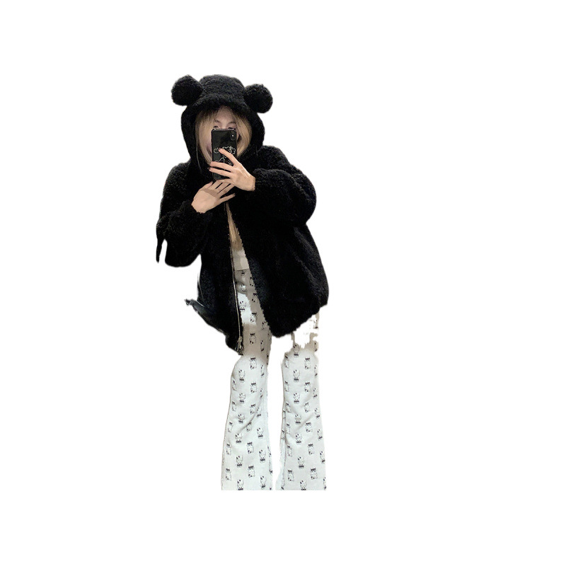 여성용 후드 베어 모피 코트 겨울 새로운 모방 양고기 모피 두꺼운 느슨한 디자인 긴 소매 탑 귀여운