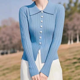 欧货高端韩系小香风别致绝美毛衣通勤上衣高级蓝色针织上衣女早春