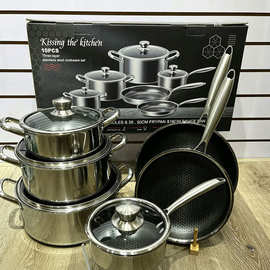 跨境出口工厂直销316三层钢套装10件套不粘涂层套锅Cookware Set