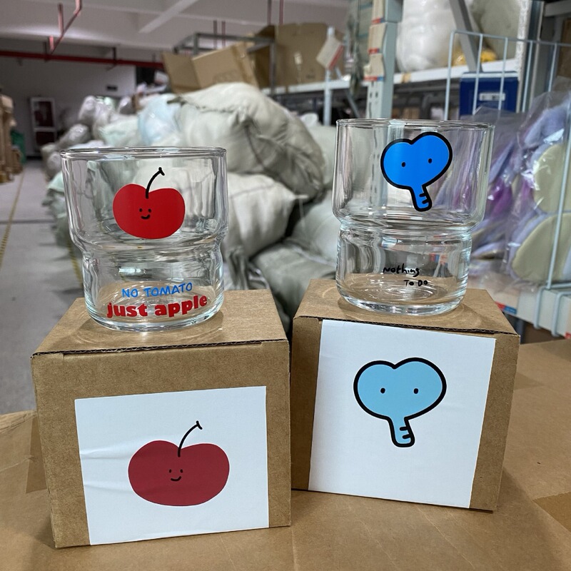 Niche Ins Cartoon Red Apple Smiley Tempered Glass Simple Blue Elephant Hand-painted Coffee Cup High Temperature Resistant