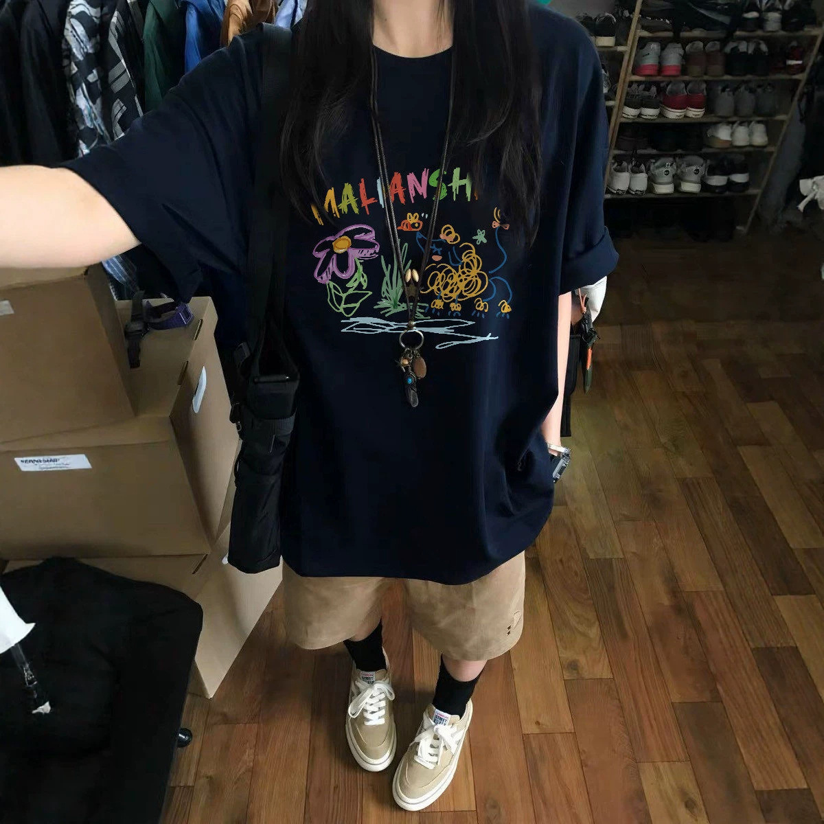 藏青色纯棉美式潮牌短袖t恤女2026新款手绘卡通印花小众半袖上衣