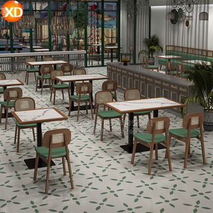 J8 Restaurant Tables and Chairs Tea House Theme Coffee Tea Slate Dining Table Solid Wood Dining Chair Combination Hotel Rattan Chair Commercial East G3