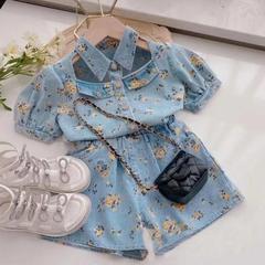 網紅2024韓版夏季童裝中小童童套裝潮范印花女童袖短褲兩件套