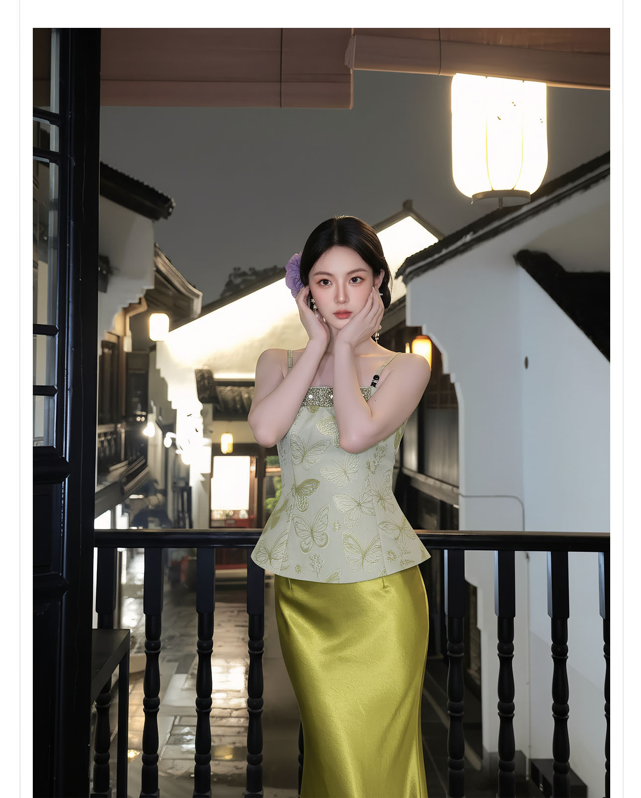 Bộ đầm maxi thắt eo phong cách Tân Trung Hoa thêu ren cổ điển — bộ đồ, Trang chủ, Màu xanh lá cây nửa váy chi tiết 2