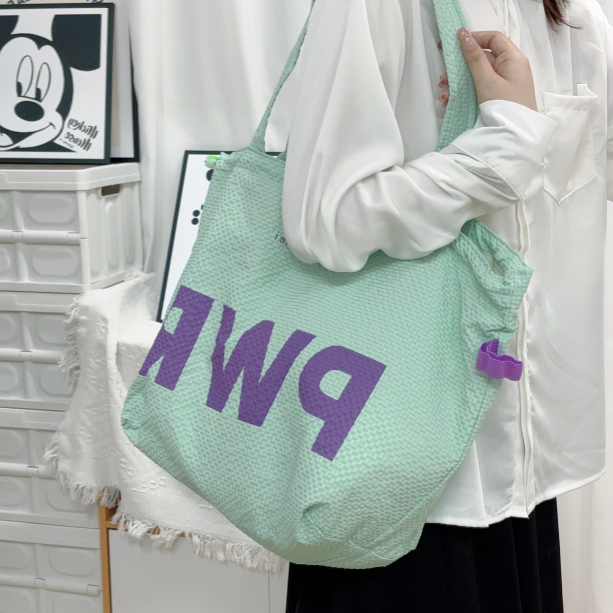 2024 New Summer Drawstring Waterproof Nylon Tote Bag Korean Style Simple Letters Fashion Canvas Shoulder Handbag