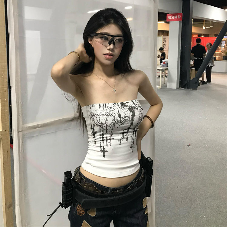 アメリカンレトロなパーソナライズされたプリントチューブトップ女性の夏ニッチホットガールスタイルスリムフィットショートシックトップ|undefined