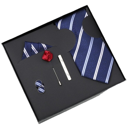 Six-piece men's tie for wedding and groom, men's formal business attire, Korean version, black and blue stripes, 8 cm hand-printed style