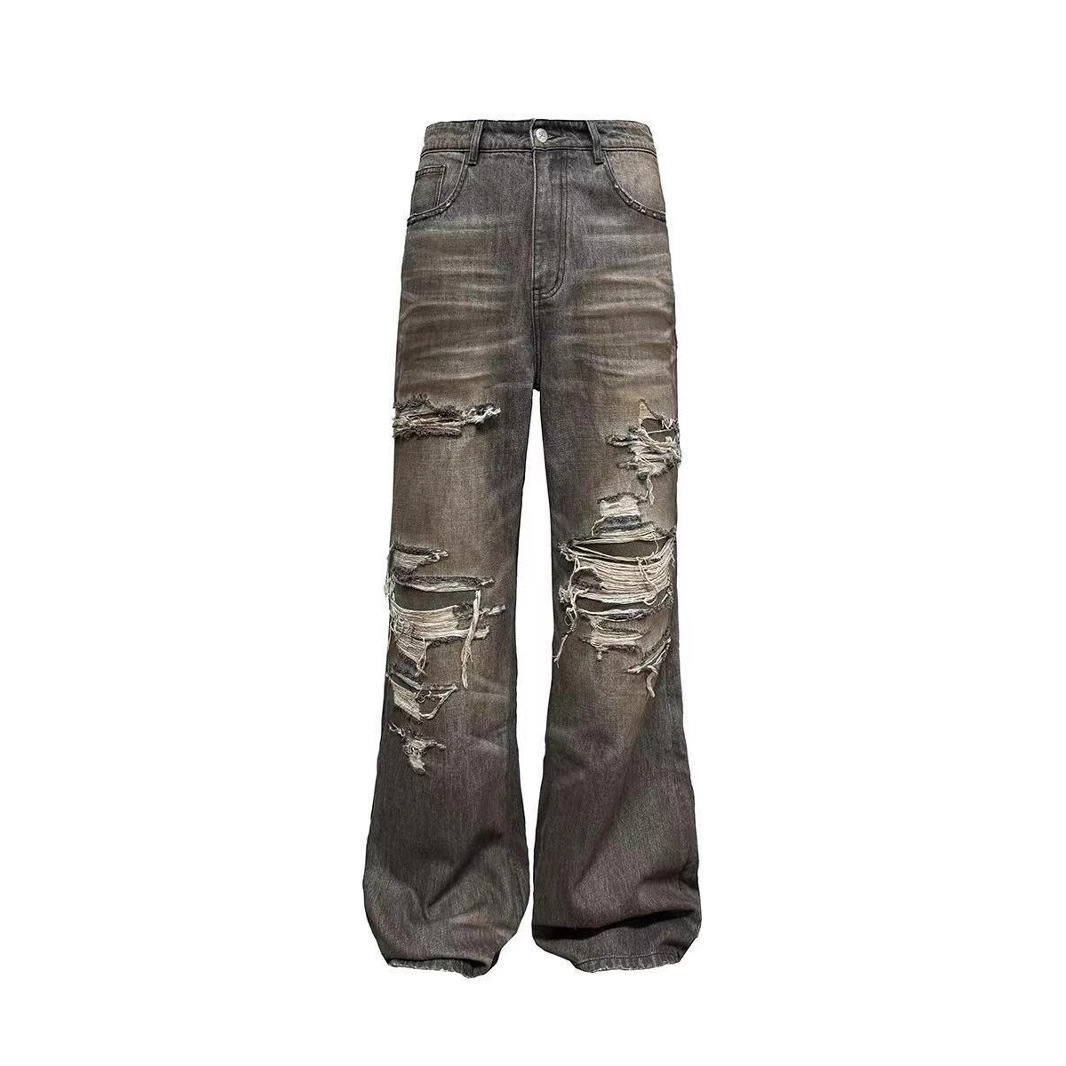 2025 Summer Distressed Black Jeans with Ripped and Damaged Details, Inner Seam Washed Lining, Oil and Dirt Stains, Trendy Design