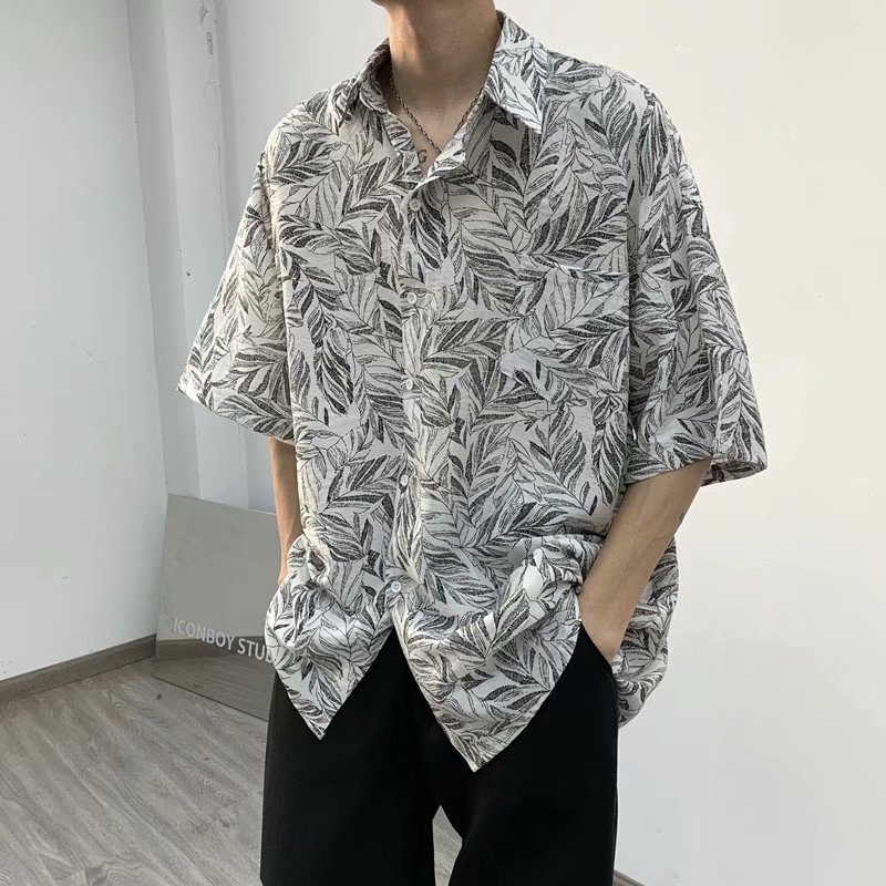 Hong Kong Style Retro Short-Sleeved Shirt Men's Ins Trendy Handsome Harajuku Style Three-Quarter Sleeve Loose Fashion Casual Jacket