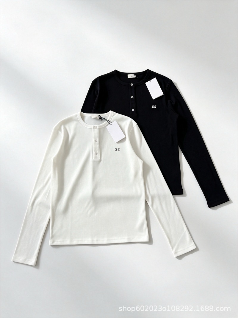 Trendy autumn new product CE Henry collar embroidered small logo chest badge ribbed round neck long sleeve T-shirt (original label)