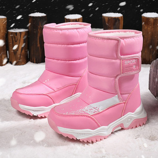 New Children's Shoes, Snow Boots, Students, Middle and Older Children's Winter Mid-Calf Boots with Velcro and Velvet Children's Cotton Shoes