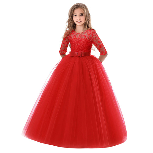 Winter and Spring New Women's Children's Dress Long Sleeve Lace Princess Dress Girl Host Performance Costume European and American Long Dress