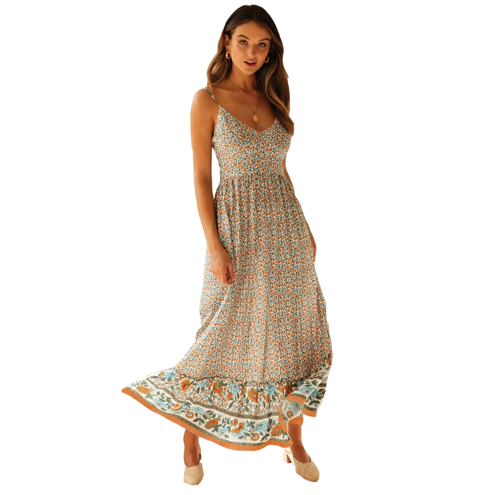 bohemian v-neck low-cut rayon sling floral long dress NSMAN53326