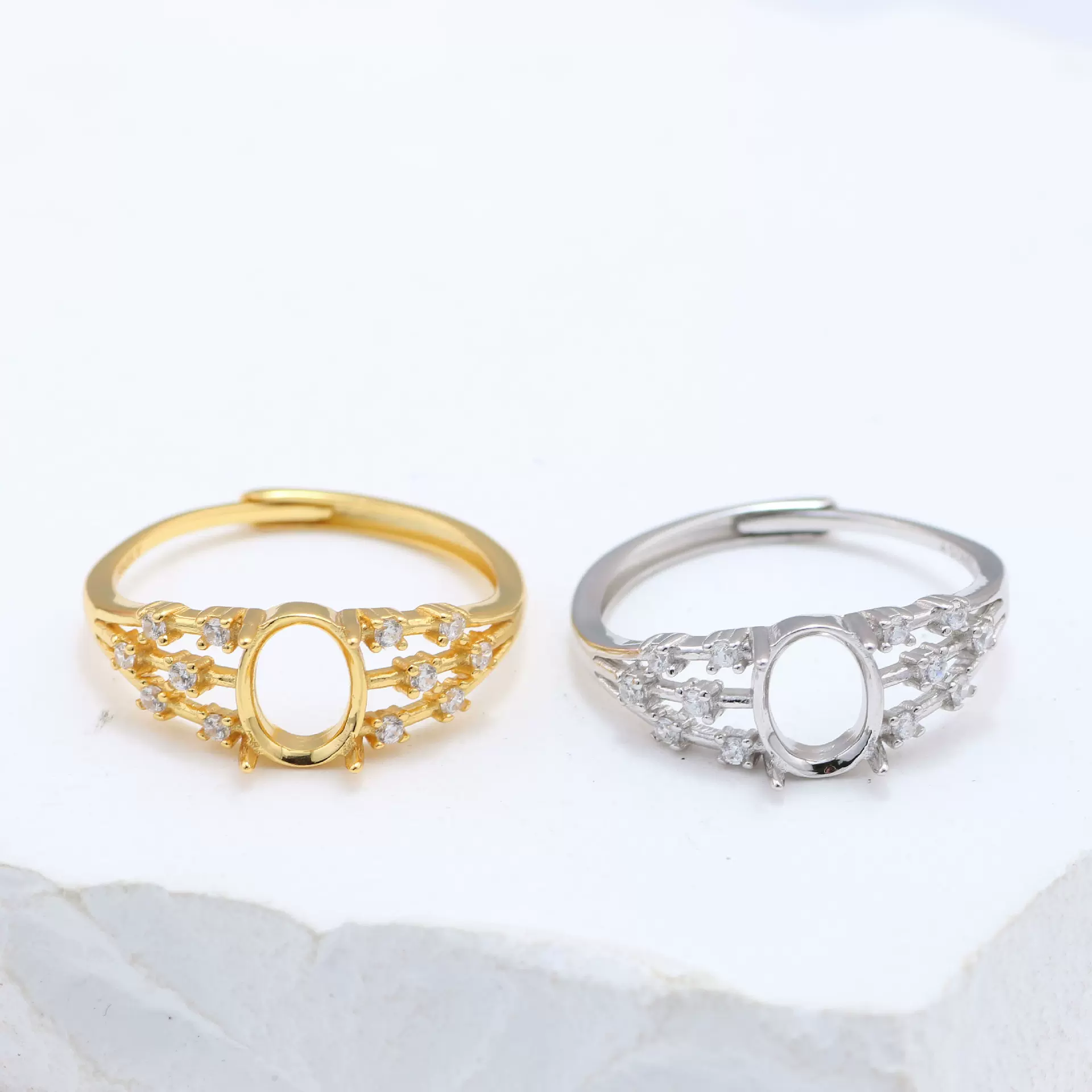 s925纯银镶钻女戒指空托镶嵌翡翠水沫玉蜜蜡开口可调节女戒托